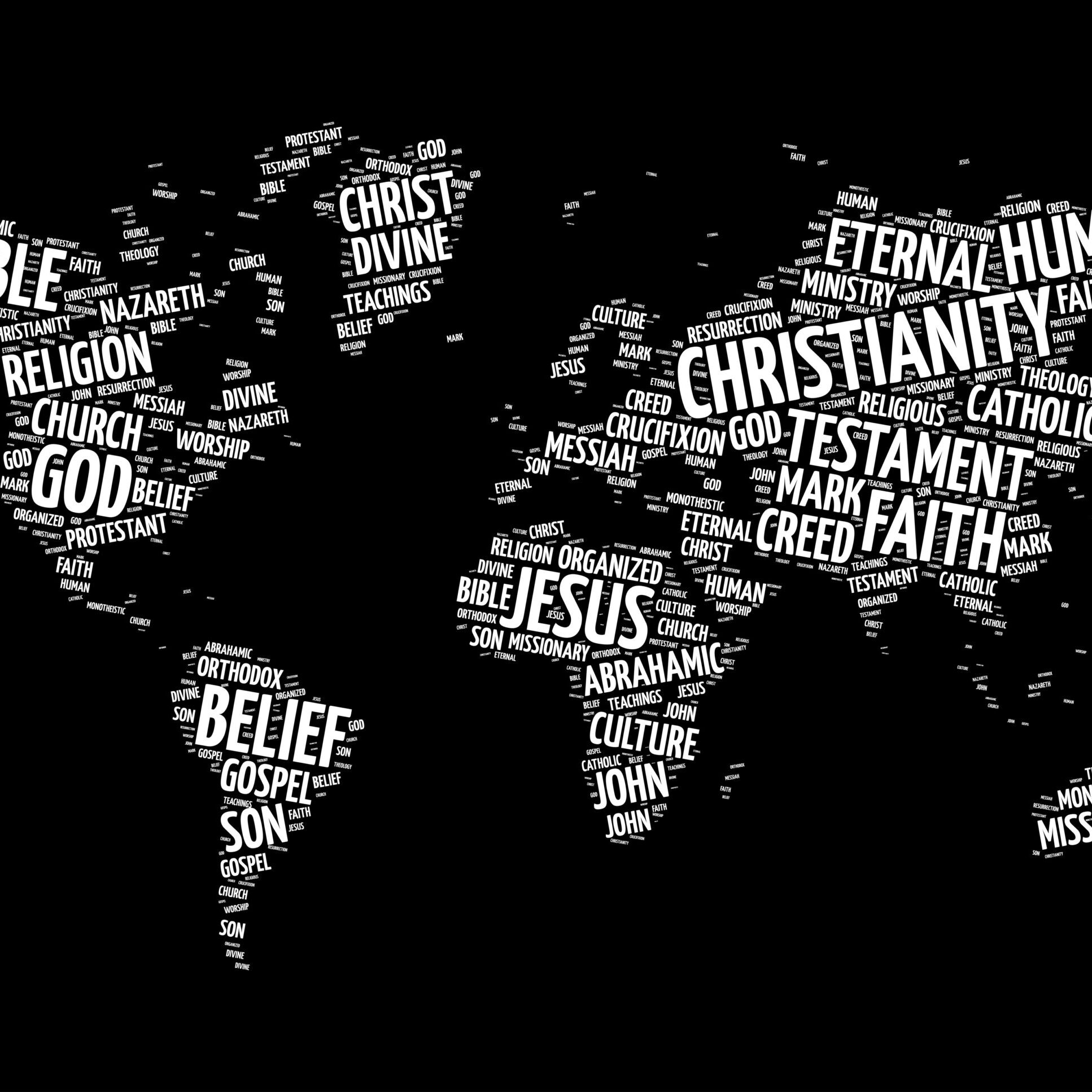 Christianity word cloud in shape of world map, religion concept background